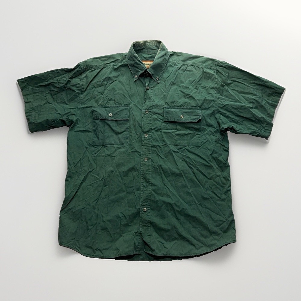 Vintage Remington Shirt Mens XL Green Short Sleeve Button Up Hunting Outdoors